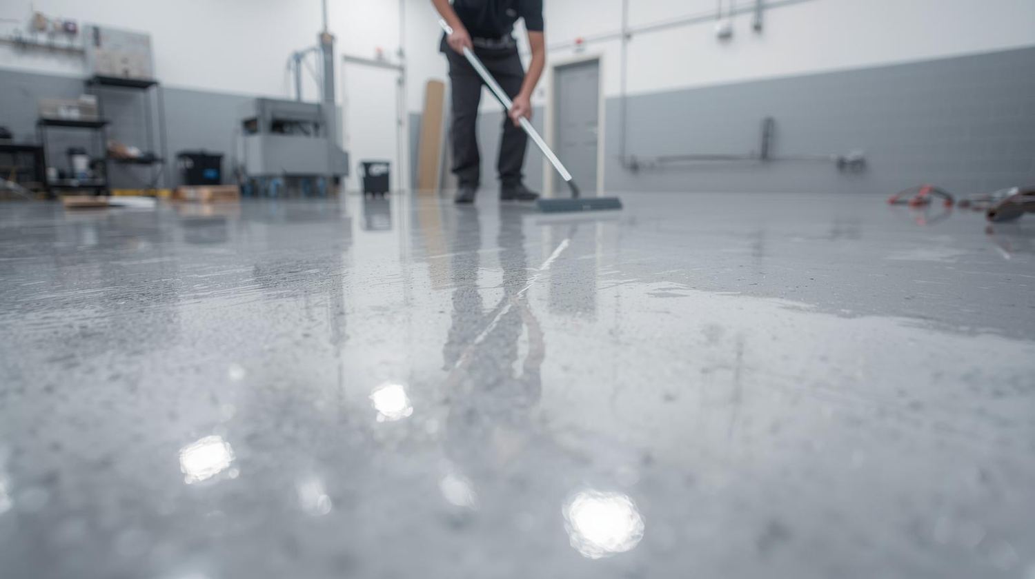 Trabajador verificando el acabado del piso terminado