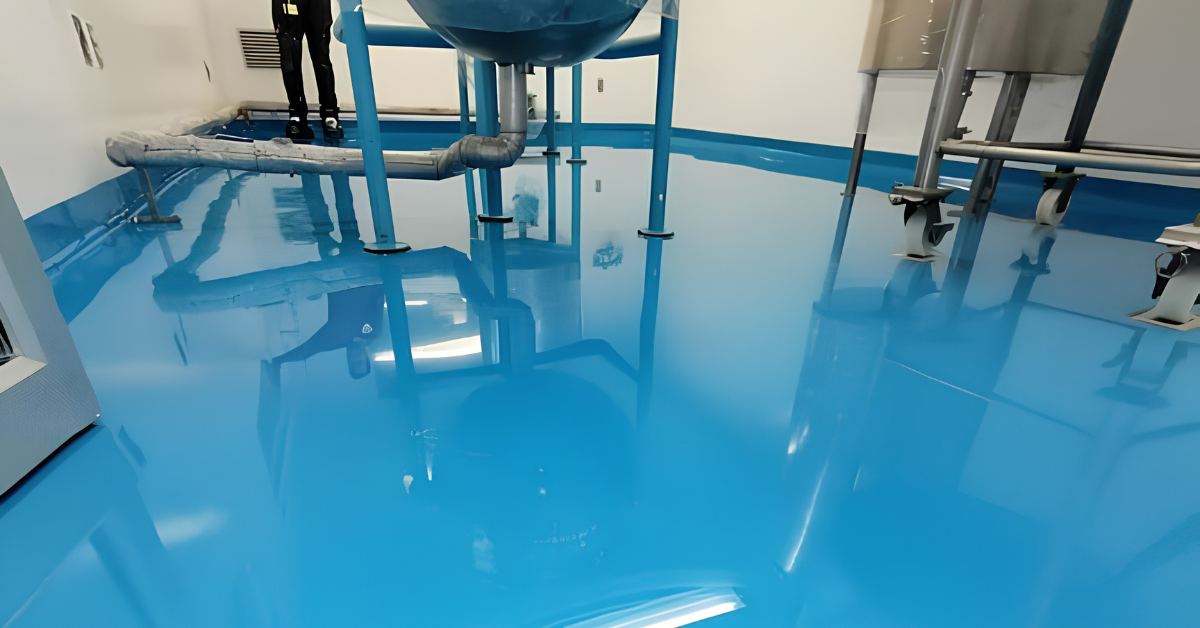 Piso autonivelante epóxico azul en cuarto limpio industrial